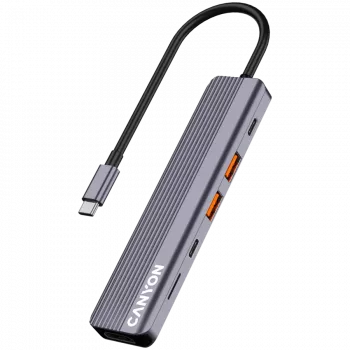 USB Type-C-hub CANYON DS-17 — HDMI, USB 3.2 Gen 1 A, USB-C, MicroSD, 10000 Mbit/s, grijs
