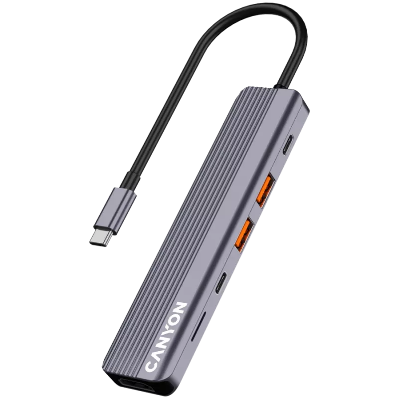 USB Type-C-hub CANYON DS-17 — HDMI, USB 3.2 Gen 1 A, USB-C, MicroSD, 10000 Mbit/s, grijs