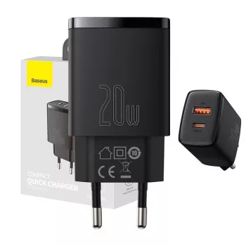 Indoor USB-snellader Baseus CCXJ-B01 – 2 poorten (USB-C PD 20W + USB-A QC3.0 18W), 100–240 V, zwart