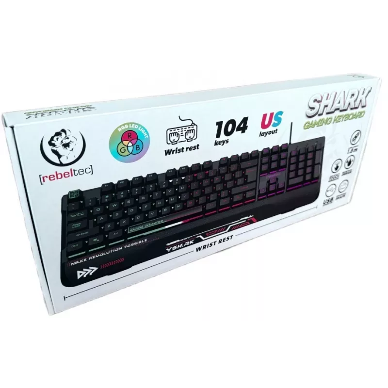 Rebeltec SHARK gamingtoetsenbord op ware grootte, RGB, ingebouwde polssteun, waterdicht