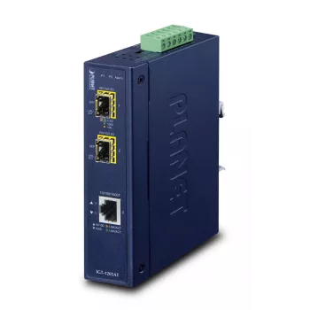 Netwerk-mediaconverter PLANET IGT-1205AT — Gigabit SFP 2-fiber, 1x RJ-45, 10/100/1000 Mbit/s, 12–48V, DIN-rail, IP30