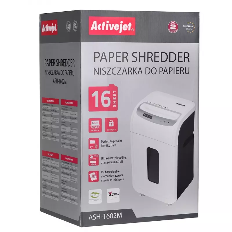 Papiervernietiger Activejet ASH-1602M, P-5, 28 l, 2x14 mm snippers, wit