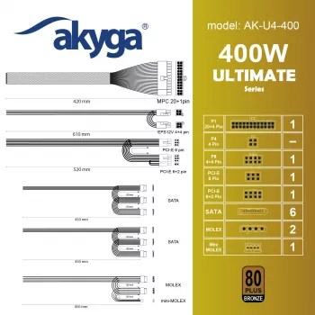 Akyga AK-U4-400 Ultimate 400 W ATX-voeding, 80 PLUS Bronze, actieve PFC, 120-mm-ventilator