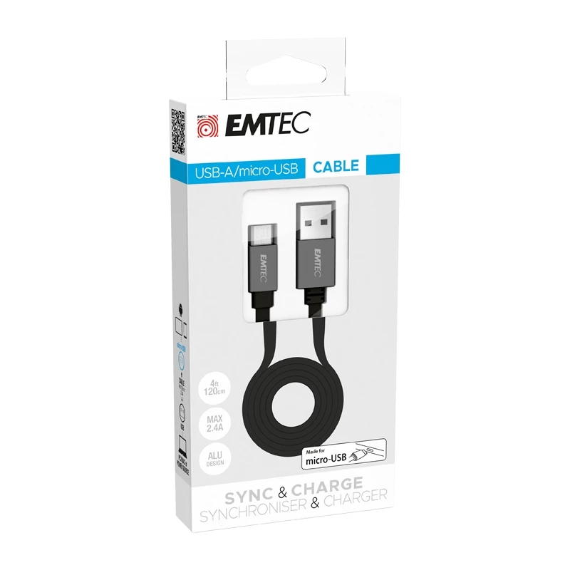 USB-kabel Emtec T700B 1,2 m USB A Micro-USB B zwart