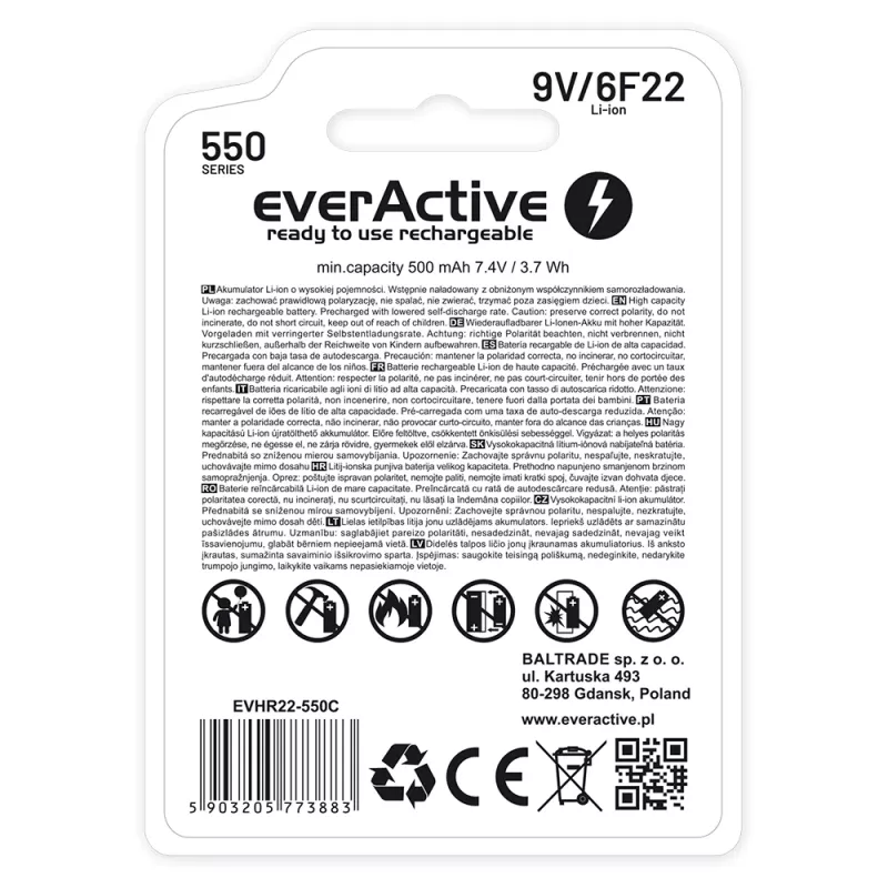 Oplaadbare batterij everActive 6F22/9V Li-ion 550 mAh met USB TYPE C