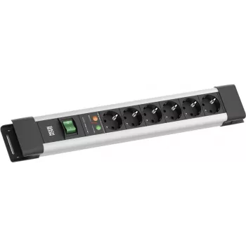 Stekkerdoos Bachmann CONNECTUS met 6x CEE7/3-stopcontacten, 1x SPD-overspanningsbeveiliging, 1x schakelaar, 2,0 m kabel, CEE7/7-stekker, grijs
