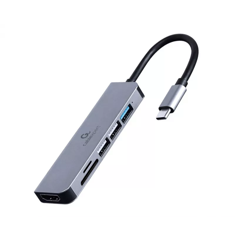 Dockingstation GEMBIRD A-CM-COMBO6-02 — bedraad USB 3.2 Gen 1 Type-C, HDMI, 1x USB-A, 2x USB 2.0, SD/MicroSD (≤128 GB), grijs