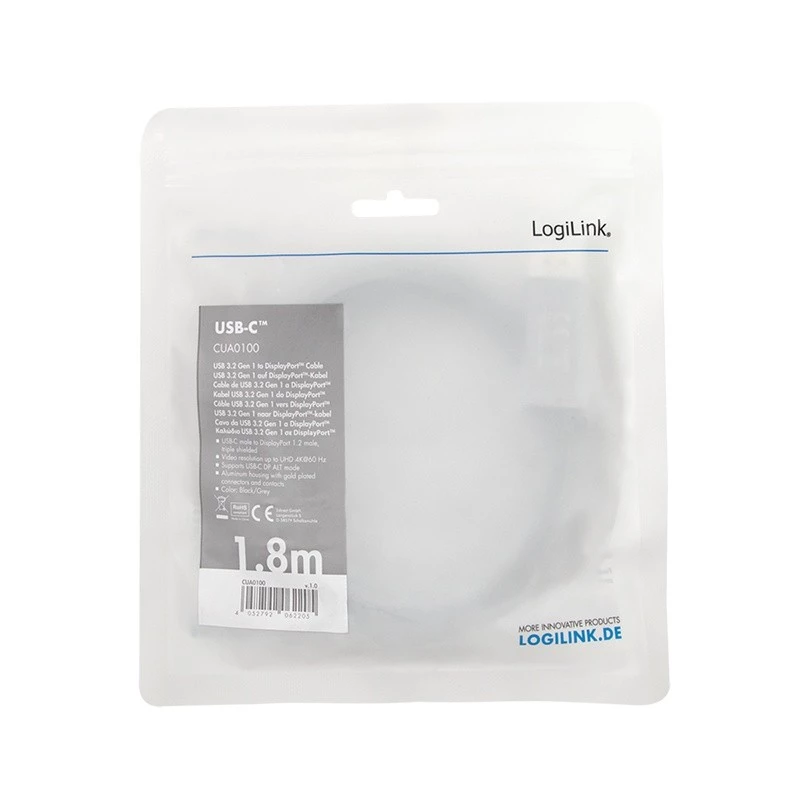 LogiLink CUA0100 kabeladapter DisplayPort USB 3.2 Gen1 Type-C 1,8m zwart grijs