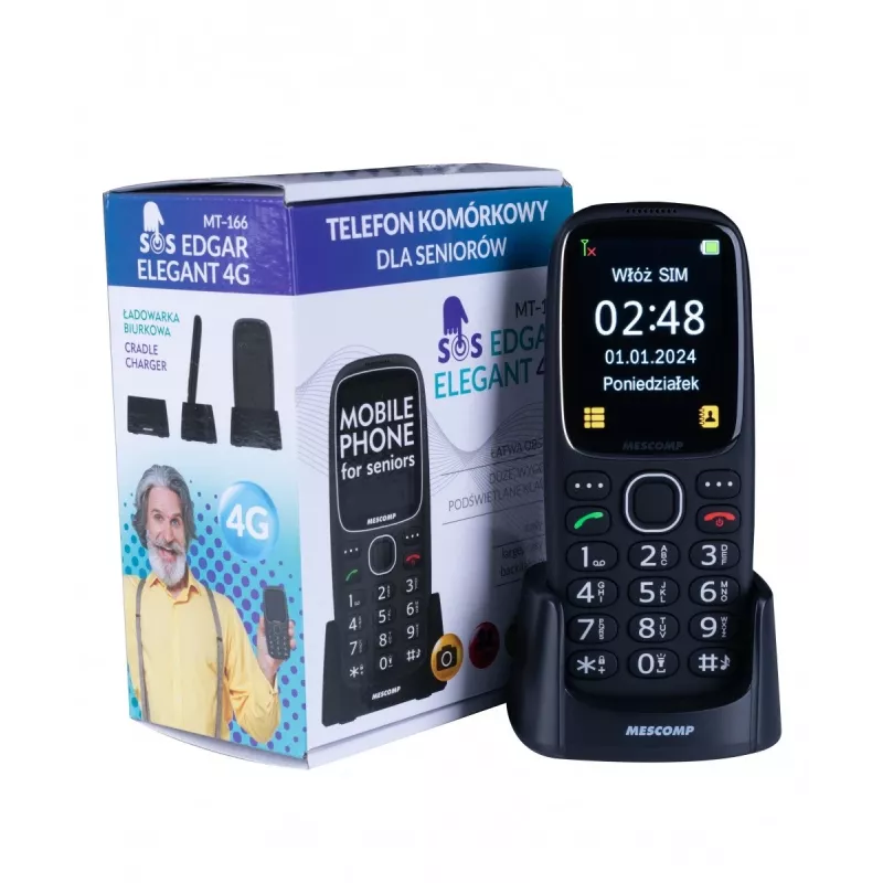 Mobiele telefoon Mescomp MT-166 Edgar, elegant, voor senioren, 4G, zwart