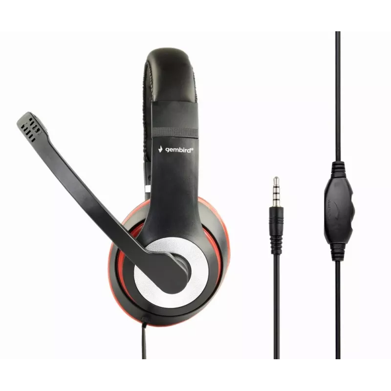 Bedrade gaming-headset GEMBIRD MHS-03-BKRD — binaural, omsluitend, 3,5 mm, 1,8 m kabel, rood/zwart