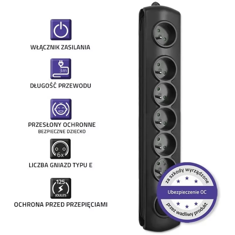 Overspanningsbeveiliging Qoltec 50112 zwart 6 AC-stopcontacten 230V 3m
