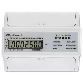 Qoltec driefasige bidirectionele elektronische meter | DIN-rail energieverbruiksmeter | 400V | 100A | LCD | 4P