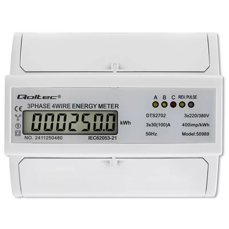 Qoltec driefasige bidirectionele elektronische meter | DIN-rail energieverbruiksmeter | 400V | 100A | LCD | 4P