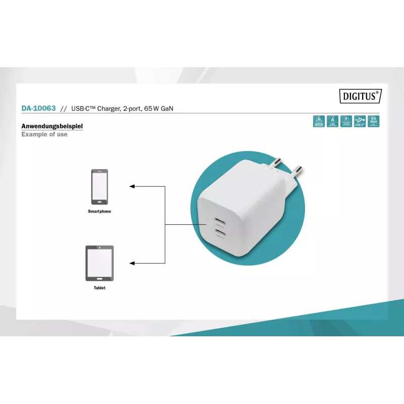 Digitus USB-C oplader. 2-poorts. 65W GaN