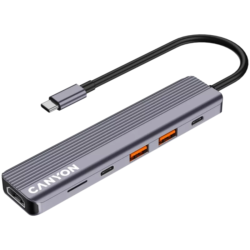 USB Type-C-hub CANYON DS-17 — HDMI, USB 3.2 Gen 1 A, USB-C, MicroSD, 10000 Mbit/s, grijs