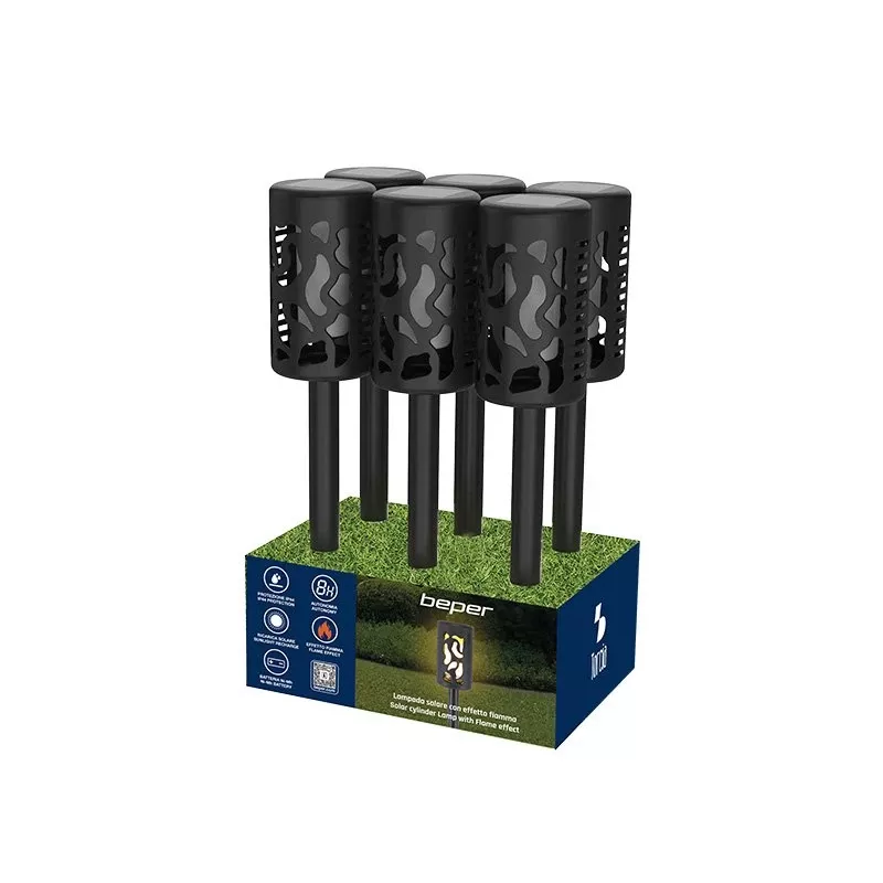 Beper P207ILO101 zonne-energie tuinlamp met grondpen, 12 led vlameffect, IP44, zwart