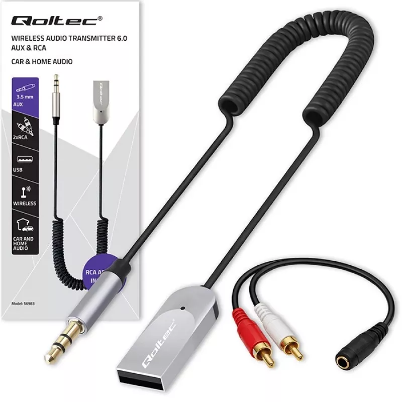 Draadloze audio-ontvanger-adapter QOLTEC HiFi BT6.0 2xRC – Bluetooth-audio-ontvanger voor luidsprekers en autoradio