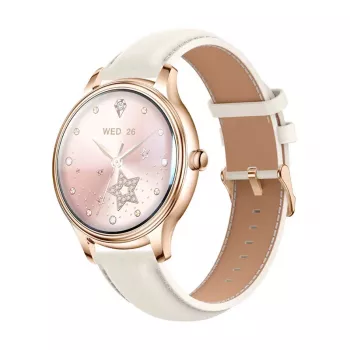 Smartwatch Colmi L28 met gouden behuizing en gouden lederen band