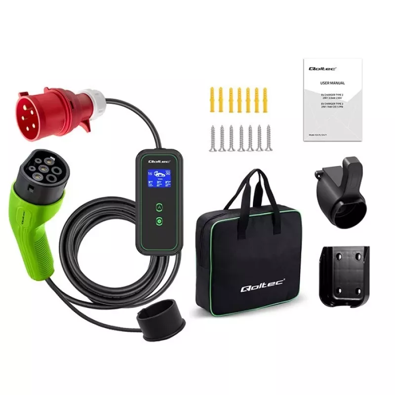 Qoltec Mobiele EV-autolader Verstelbaar 2in1 Type2 | 7kW | 230V | CEE 3 PIN | Wi-Fi | LCD | Draagbaar | Wallbox | 5m