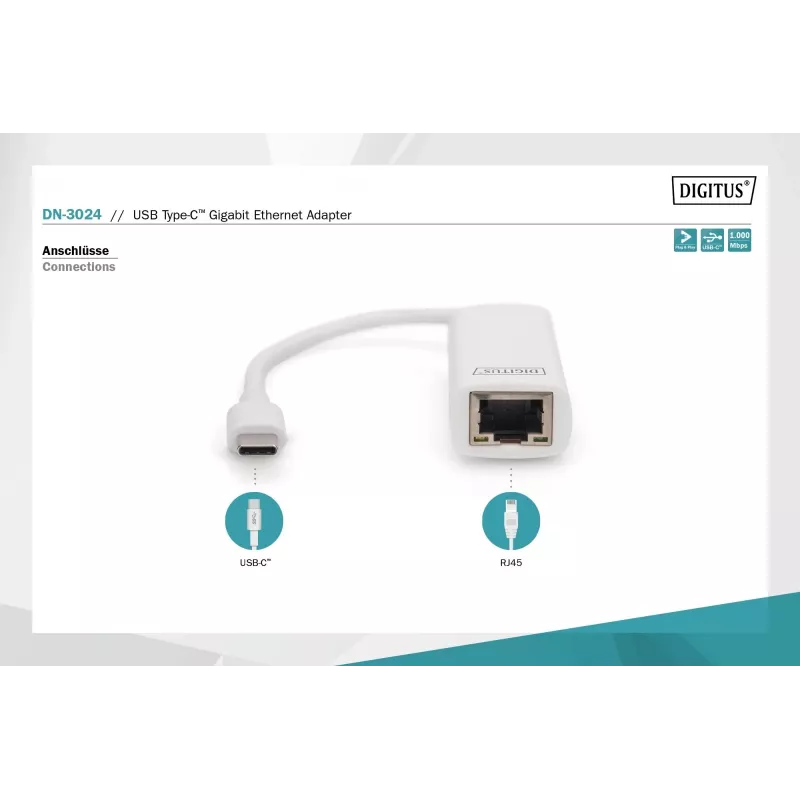 Digitus DN-3024 USB 3.0-adapter 20 cm 1x USB-C naar 1x RJ45 afgeschermd