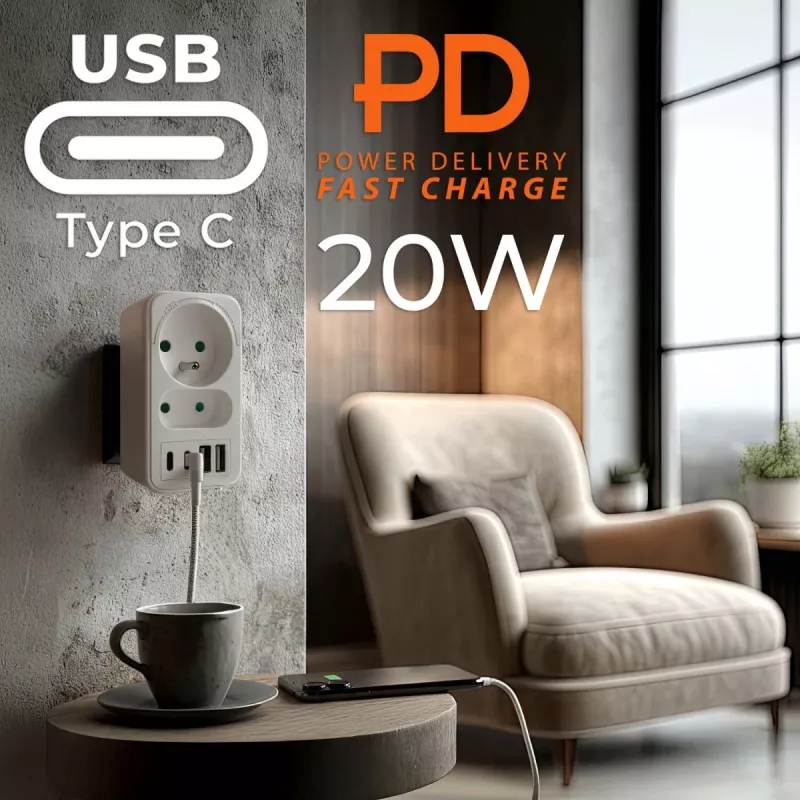 Power splitter MACLEAN MCE249 F/W – 2x stopcontacten (16A + 6A) en 4x USB (2x A, 2x C PD 20W)