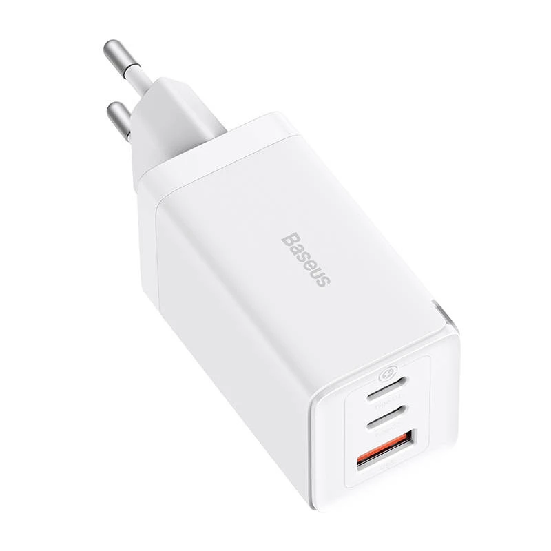 Wandlader Baseus GaN5 Pro 65W — USB + 2×USB-C (QC3.0, PD3.0) met 1m USB-C-kabel, wit