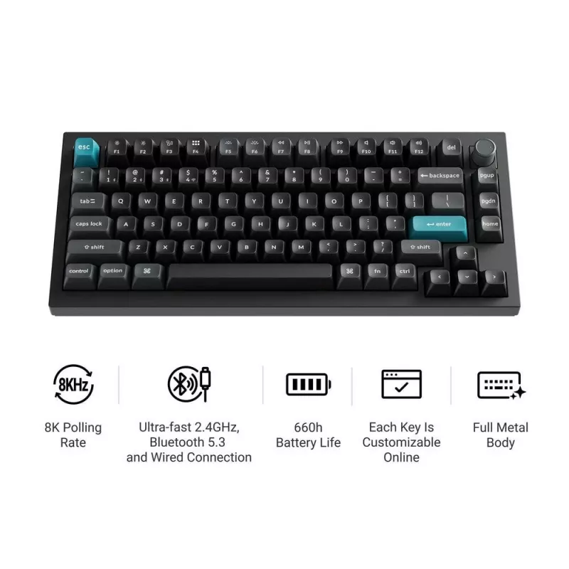Mechanisch toetsenbord Keychron Q1 Ultra 8K — 75% layout, USB + RF draadloos + Bluetooth, RGB, zwart