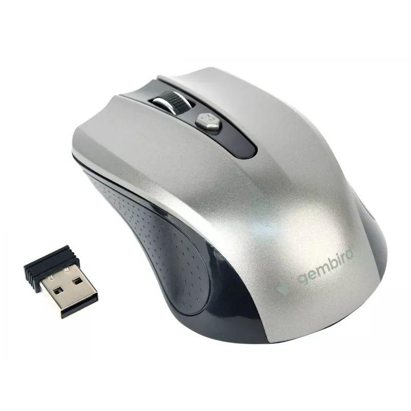 Draadloze muis GEMBIRD MUSW-4B-04-BG — rechtshandig, optisch 1600 DPI, 4 knoppen, RF Wireless, zwart/grijs
