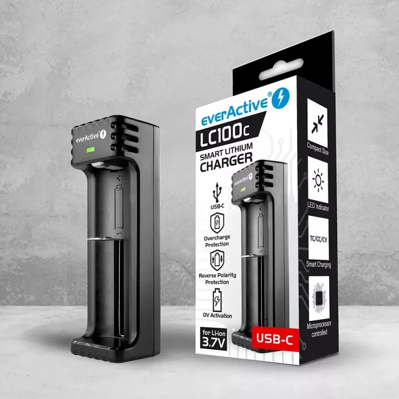 Oplader everActive LC100C USB‑C voor Li‑ion-cellen, USB‑C-ingang, model LC100C