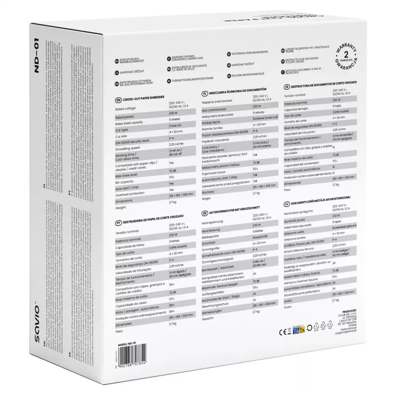 Papiervernietiger SAVIO ND-01, kruissnede 4 x 32 mm, 11 L bak, 230 W, zwart, 72 dB