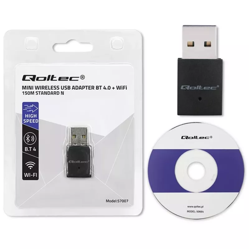 Compacte draadloze mini-USB-WLAN-adapter QOLTEC 57007 – single-band 2,4 GHz, tot 150 Mbit/s, interne antenne