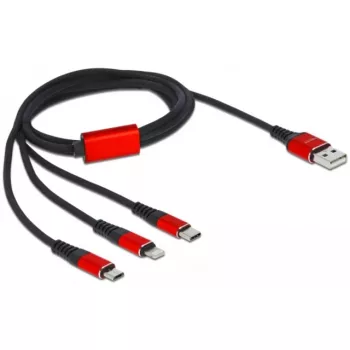 USB-oplaadkabel DeLOCK 3-in-1 Type-A naar Lightning / 2 x USB Type-C 1 m zwart / rood