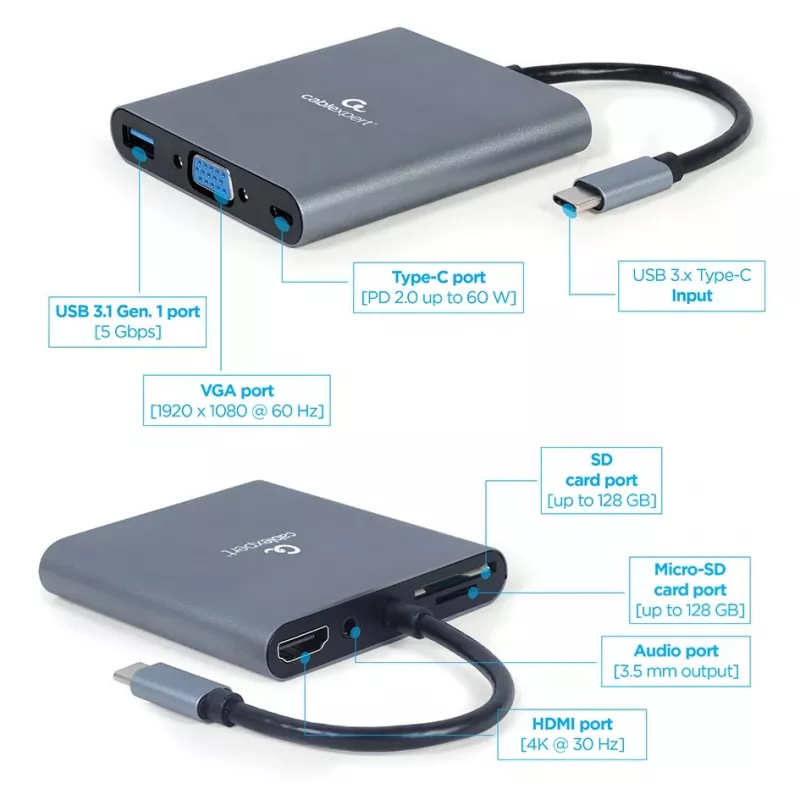 Gembird A-CM-COMBO6-01 USB-C 6-in-1 multipoortadapter, USB 3.1 Gen 1, HDMI 4K, VGA, PD 60 W, SD/microSD-kaartlezer, 3,5 mm audio, grijs