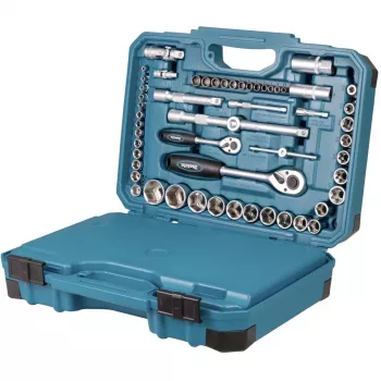 Handgereedschap-set E-17980, 231-delig blauw, met 2 omschakelbare ratels, 1/4 en 1/2, koffer