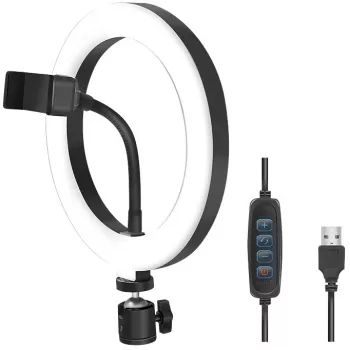 LogiLink AA0151 LED-ringlicht voor smartphones, Ø 200 mm, 3 kleurmodi, dimbaar, 1/4-inch statiefschroefdraad, met smartphonehouder, USB, 1,8 m kabel, zwart