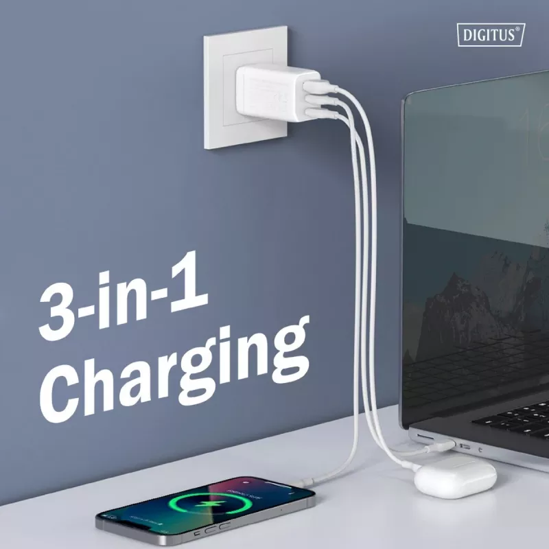 Wandoplader DIGITUS DA-10303 67W GaN, 2× USB-C + 1× USB-A, 100–240V, wit