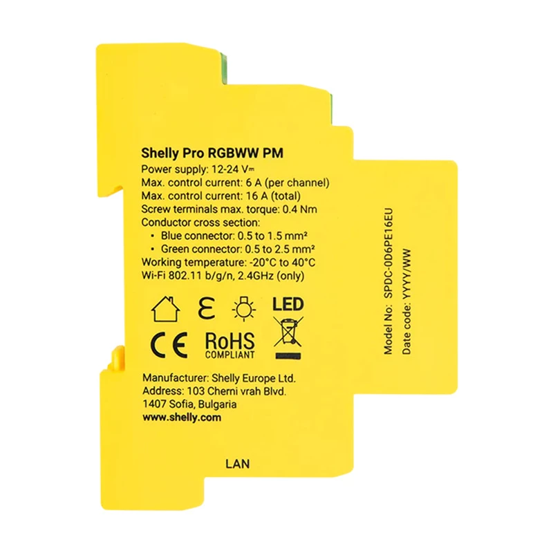 Shelly RGBWW Pro WiFi 5-kanaals DIN-rail lichtbesturing