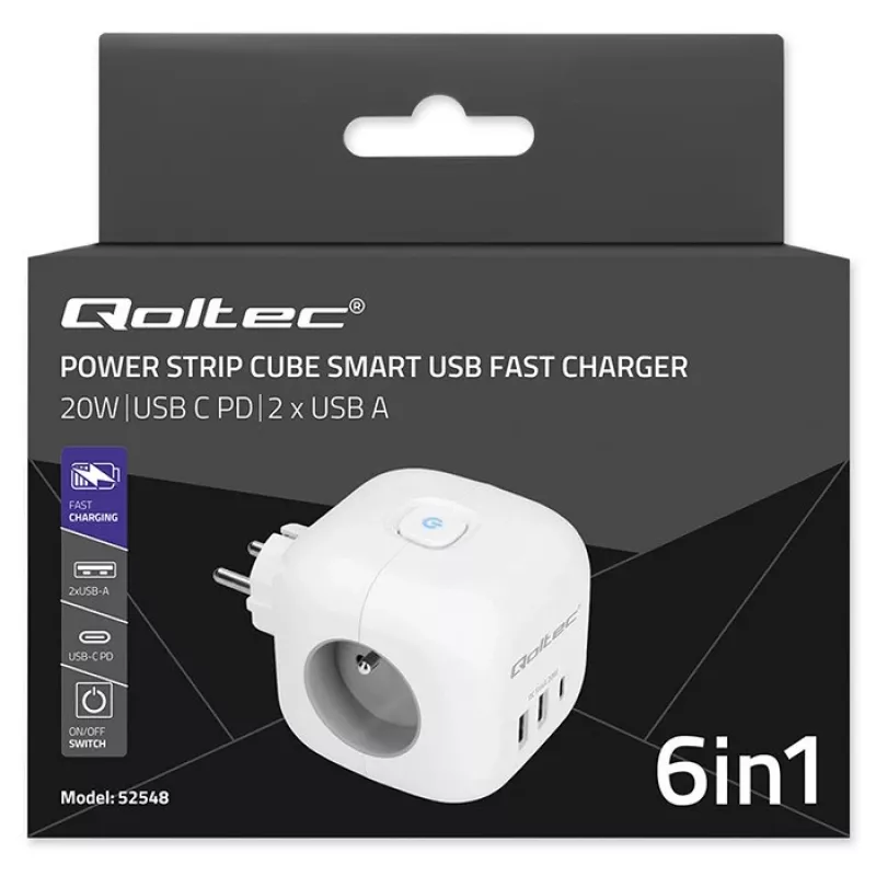 Stekkerdoos QOLTEC 52548 met 3× AC-stopcontacten en USB-aansluiting