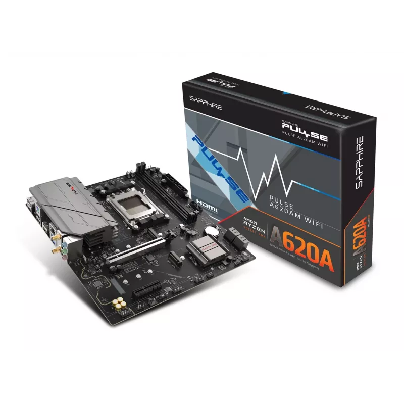 Moederbord Sapphire PULSE A620AM (microATX) socket AM5, AMD A620A, DDR5, 2x DIMM, 64 GB, 2x M.2, Gigabit LAN