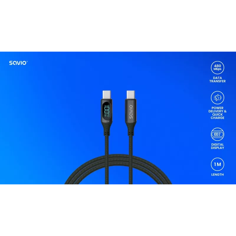Savio CL-174 USB-C-naar-USB-C-kabel, 100 W, Power Delivery/Quick Charge, digitaal display, 1 m, groen