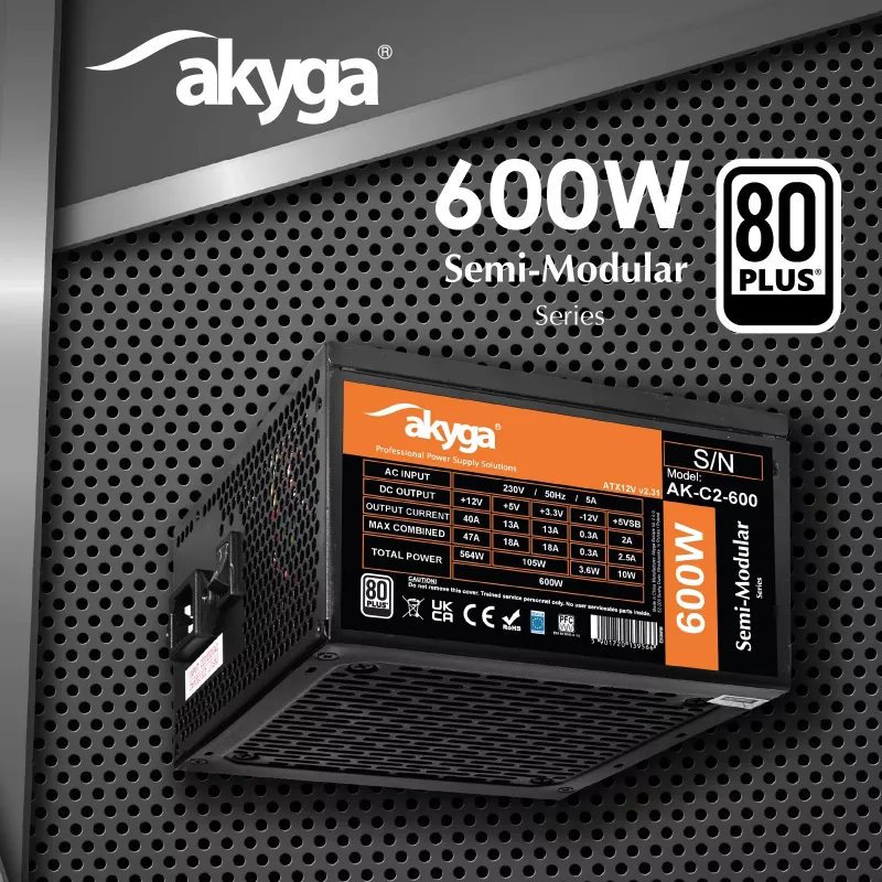 Akyga AK-C2-600 Classic 600 W ATX-voeding, semi-modulair, actieve PFC, 120-mm ventilator