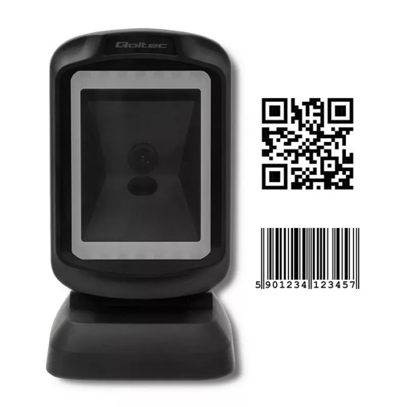 Vaste 1D/2D-barcodescanner QOLTEC 50864, LED-sensor, USB (bekabeld), zwart, 145×85×80 mm