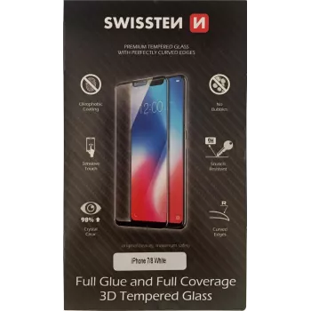 3D-vollijm tempered glass displayschermbescherming SWISSTEN voor iPhone 7/8 — wit