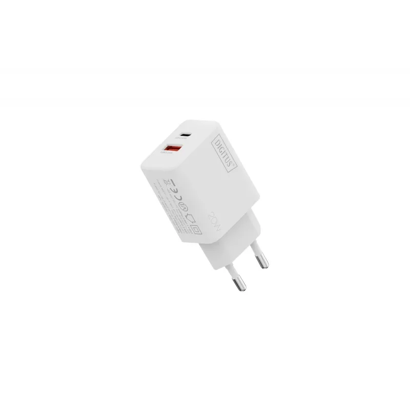 AC USB-oplader DIGITUS 20W, 1x USB-C, 1x USB-A, ingang 100–240V, wit