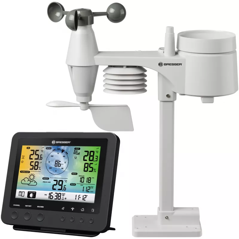 Bresser 7002580 Weather Center 5-in-1 digitaal wifi-weerstation met professionele sensor, 5,7″ display, netvoeding, zwart