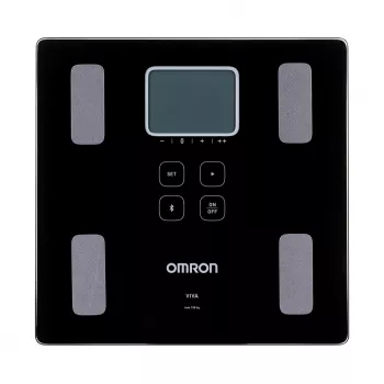 Elektronische personenweegschaal Omron VIVA – vierkant, zwart, max. 150 kg, 100 g nauwkeurigheid, lichaamsvet/BMI/BMR, 30 gebruikersgeheugen