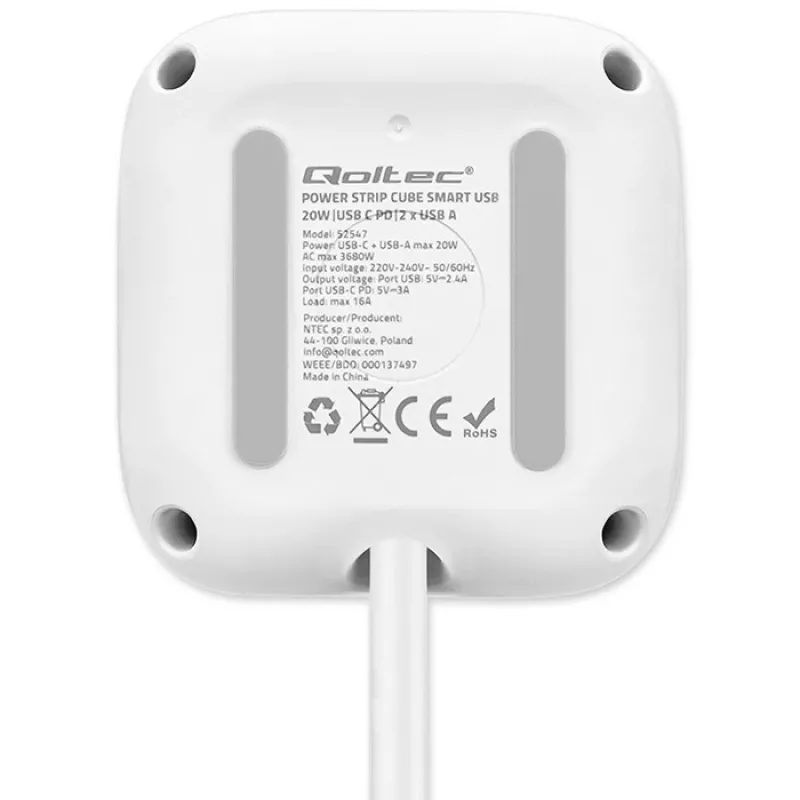 Power Cube QOLTEC 52547 stekkerdoos 3×AC-stopcontacten, 2×USB-A, 1×USB-C PD 20W