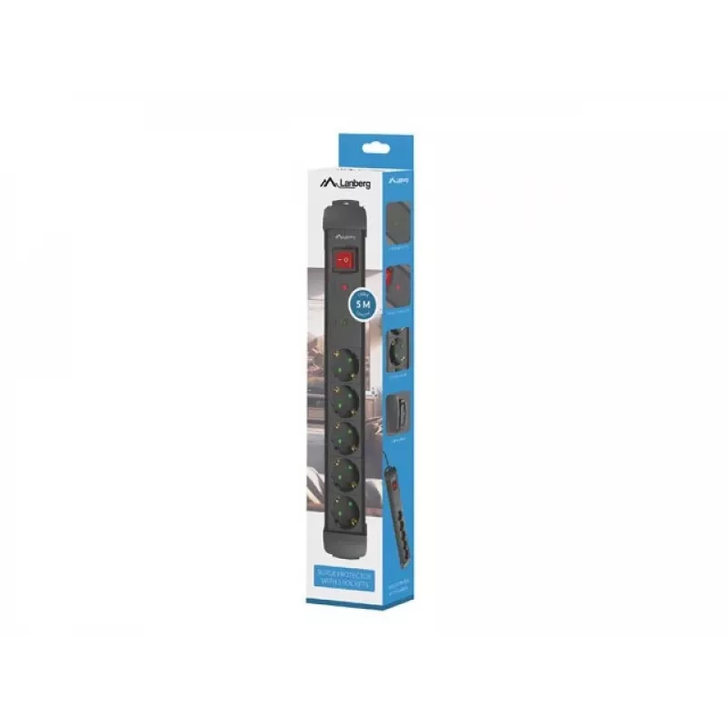 Verlengsnoer Lanberg SP1-05F-0500-BK 5m 5 contactdozen voor binnen zwart