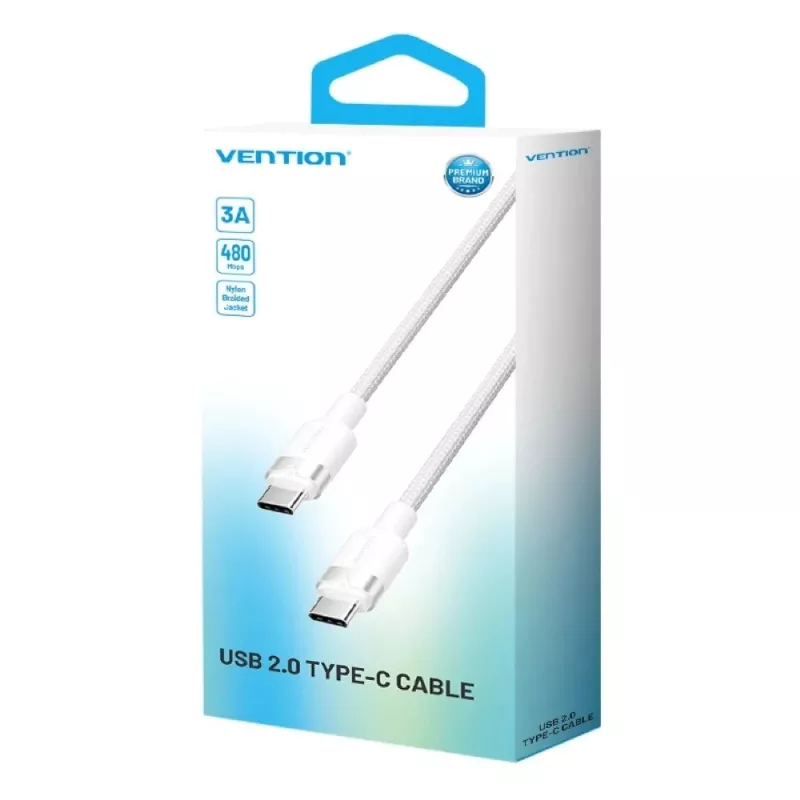 Vention TRDWH USB-C-naar-USB-C-kabel, gevlochten, 2 m, 60 W PD, 3 A, 480 Mbps, wit