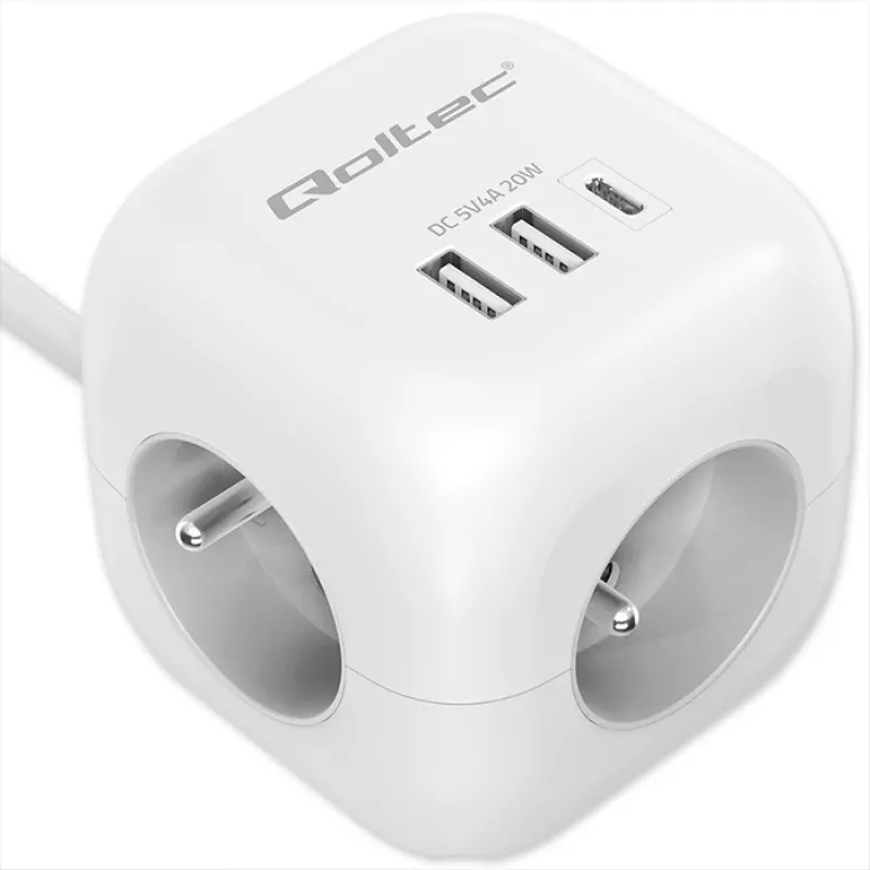 Power Cube QOLTEC 52547 stekkerdoos 3×AC-stopcontacten, 2×USB-A, 1×USB-C PD 20W